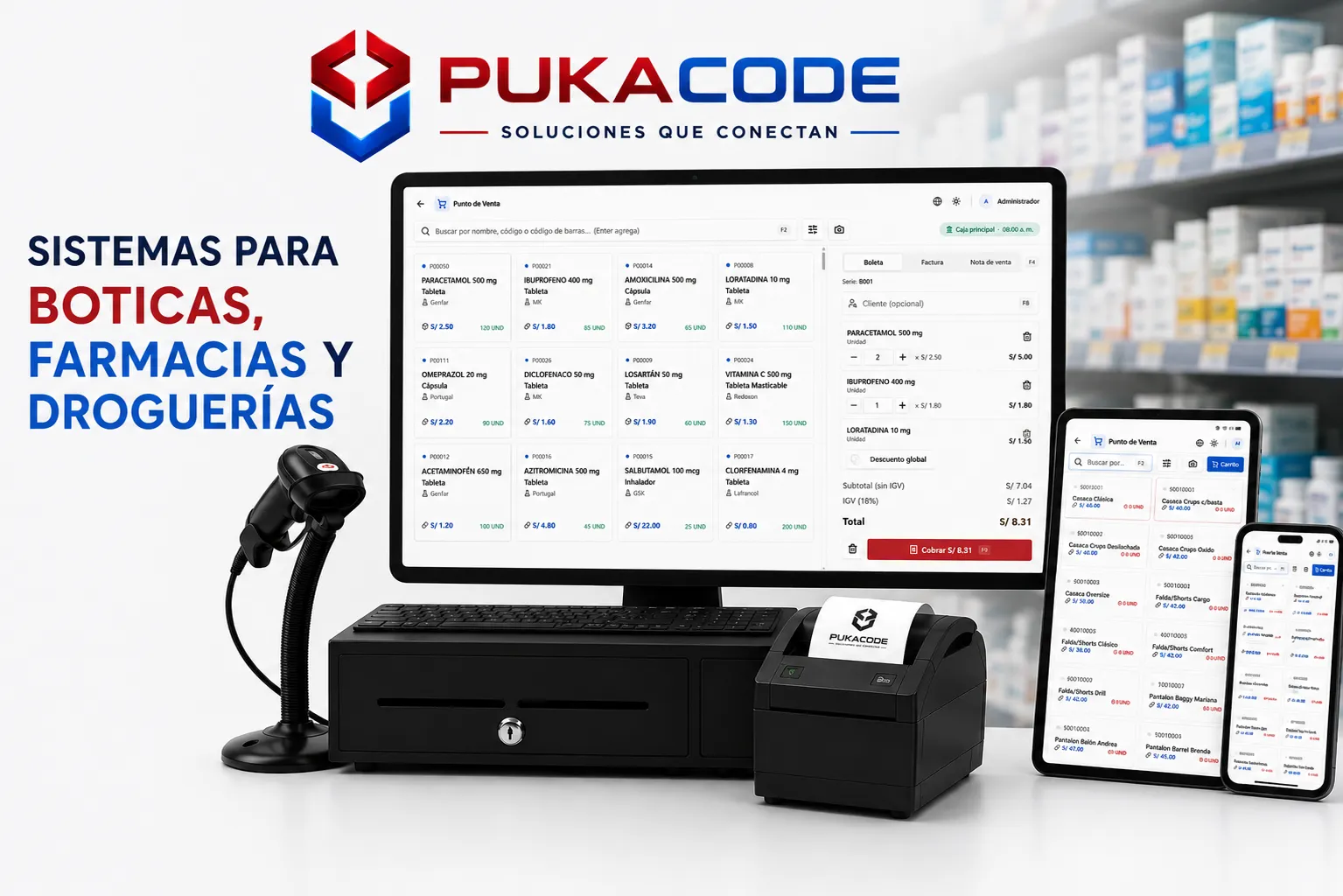 Pukacode para boticas, farmacias y droguerías: el punto de venta con medicamentos y sus presentaciones en pantalla, junto al cajón de dinero, la impresora de tickets y el lector de códigos.